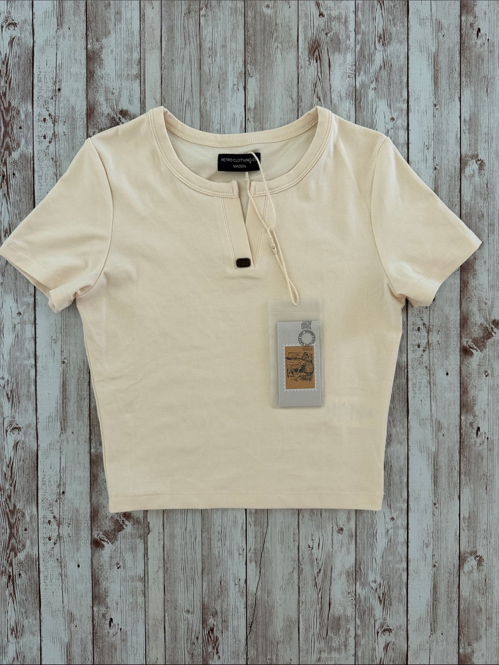 MADEN Women's Crop Top Heavyweight Cotton Henry T-Shirt sz Small/4 Cream Knit